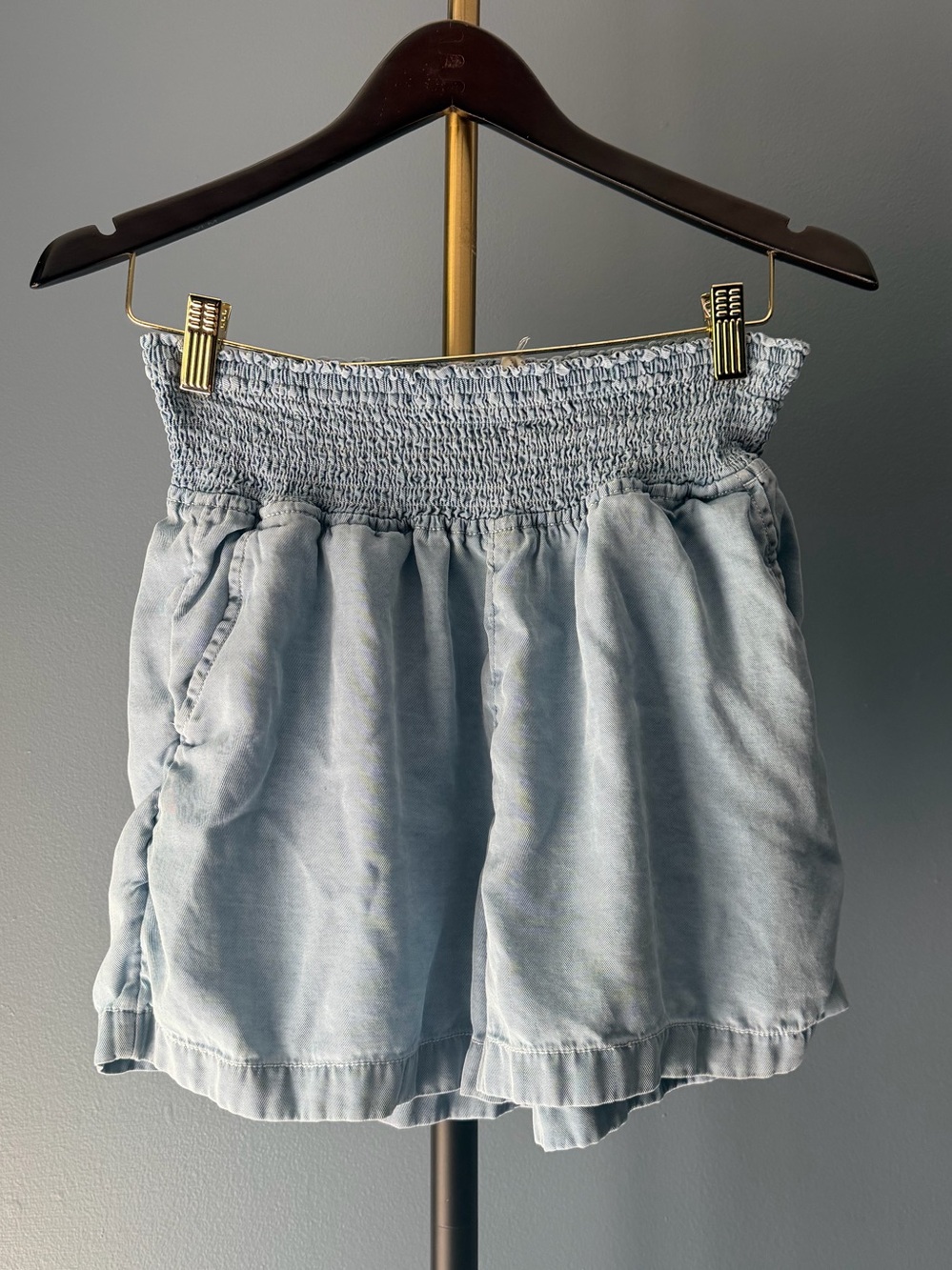 Joie Light Blue High-Waist Smocked Shorts